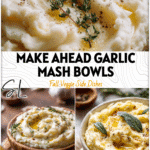 Creamy roasted garlic sourdough mashed potato bowls styled for a Make Ahead Mashed Potatoes Thanksgiving dish